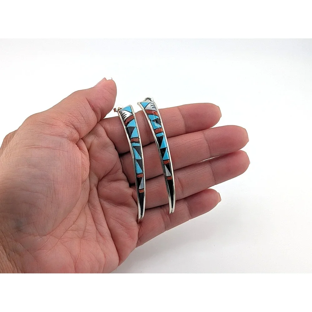 Zuni Turquoise coral Inlay Earrings 925 Sterling Silver Curved Signed P. Lucio *